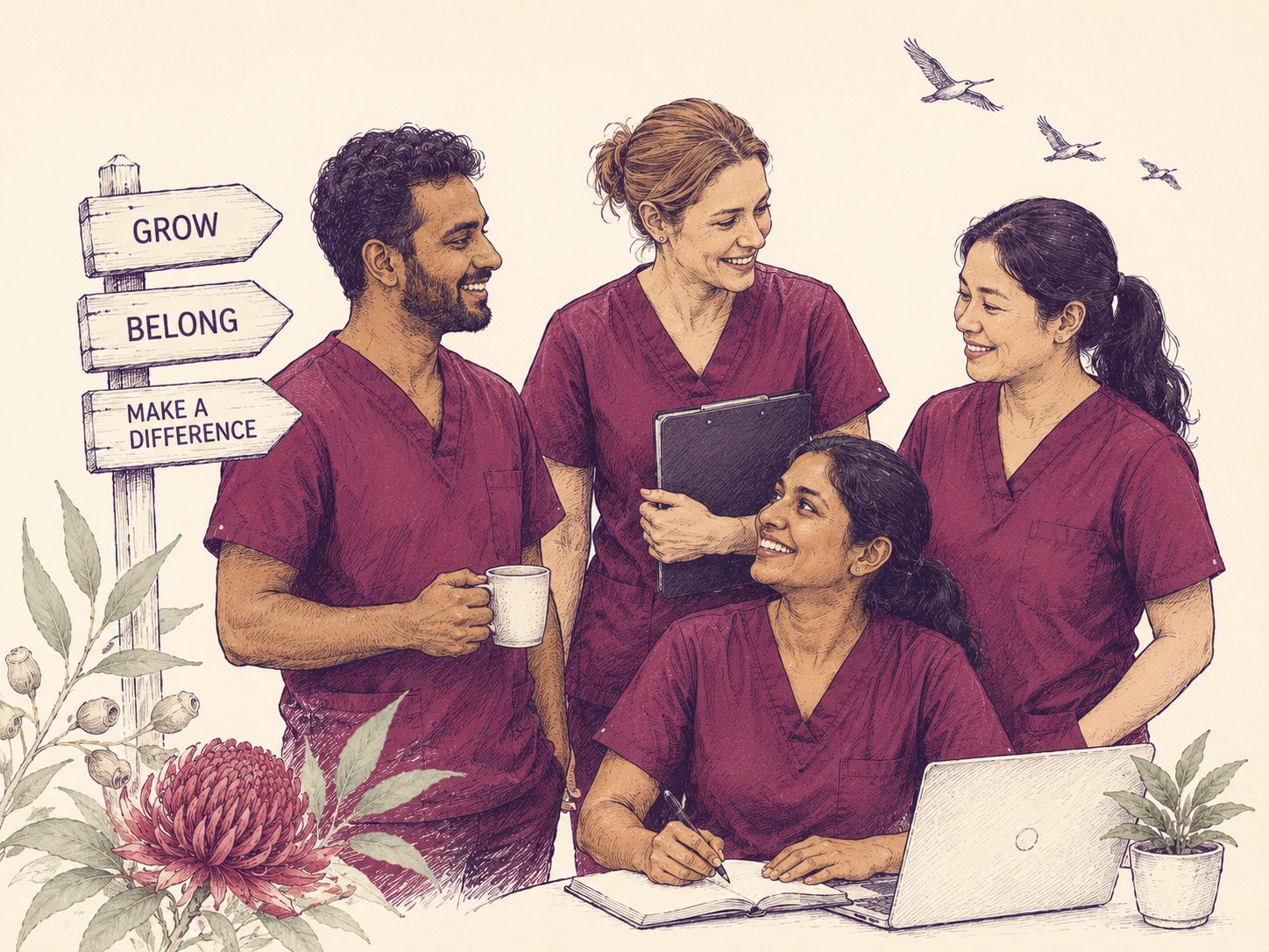 Editorial illustration of four A Plus Nursing team members in scrubs gathered around a laptop, beside a signpost reading Grow, Belong, Make a Difference