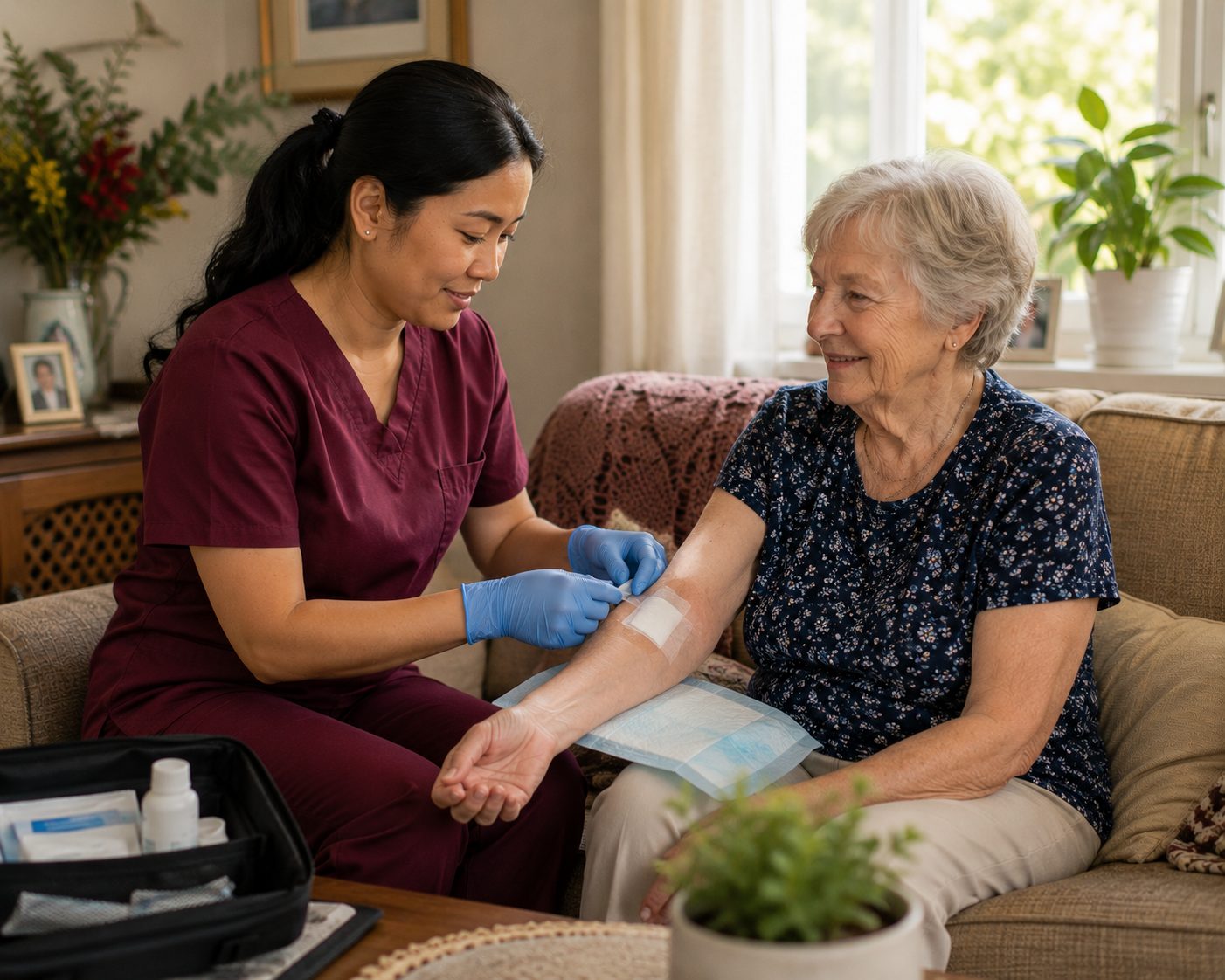 Registered nurse providing in-home wound care for an older Australian woman