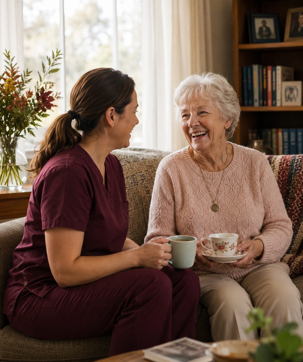 Support worker sharing tea with an older participant in her sunlit living room
