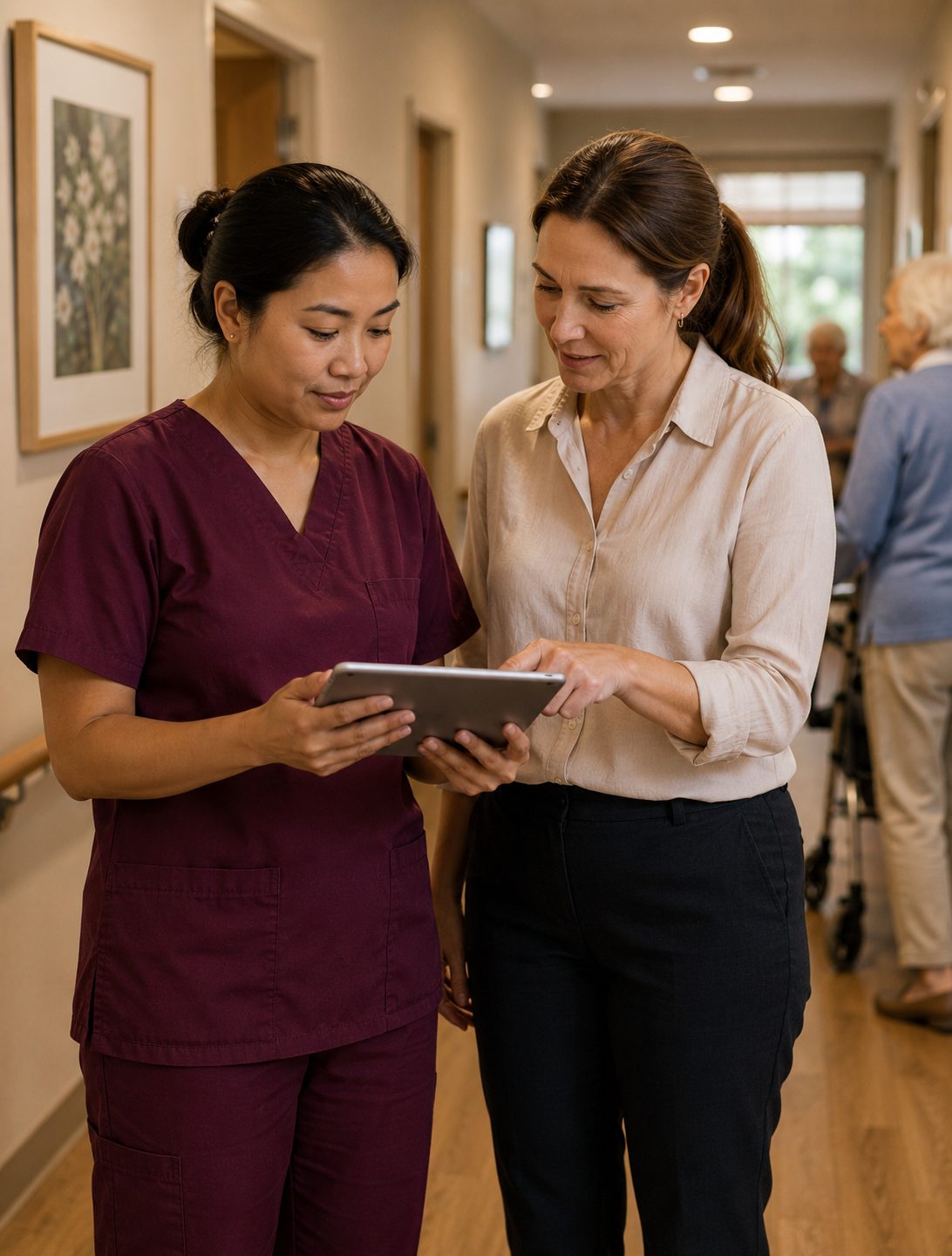 Nurse and aged-care manager reviewing details on a tablet in a facility corridor