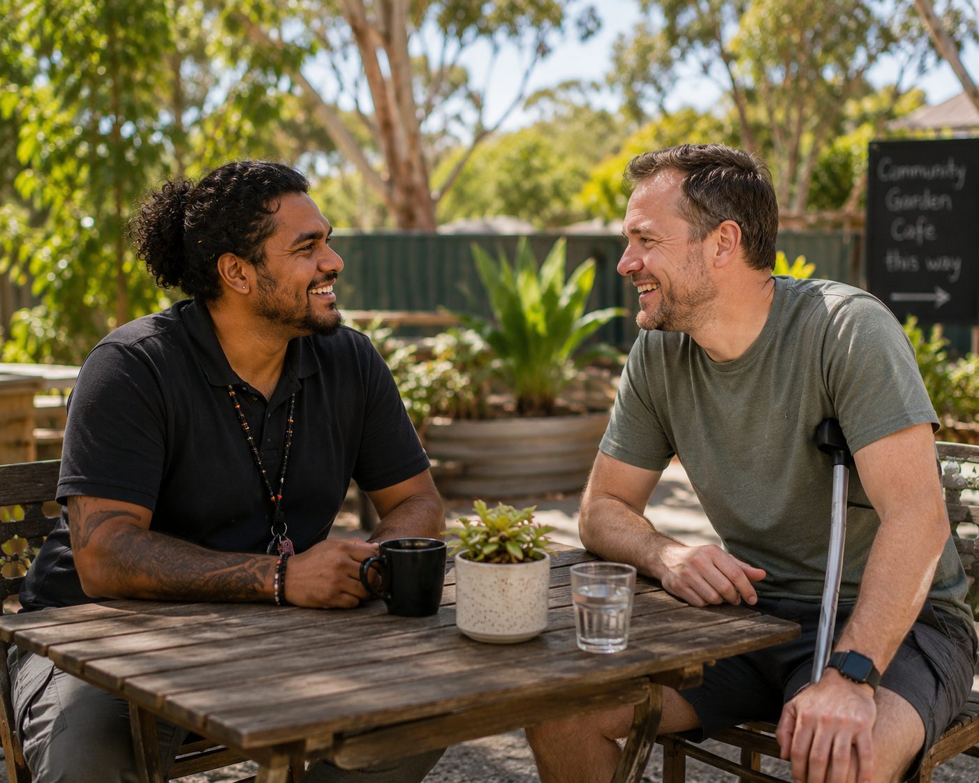 Support worker and an NDIS participant chatting at an outdoor community garden café