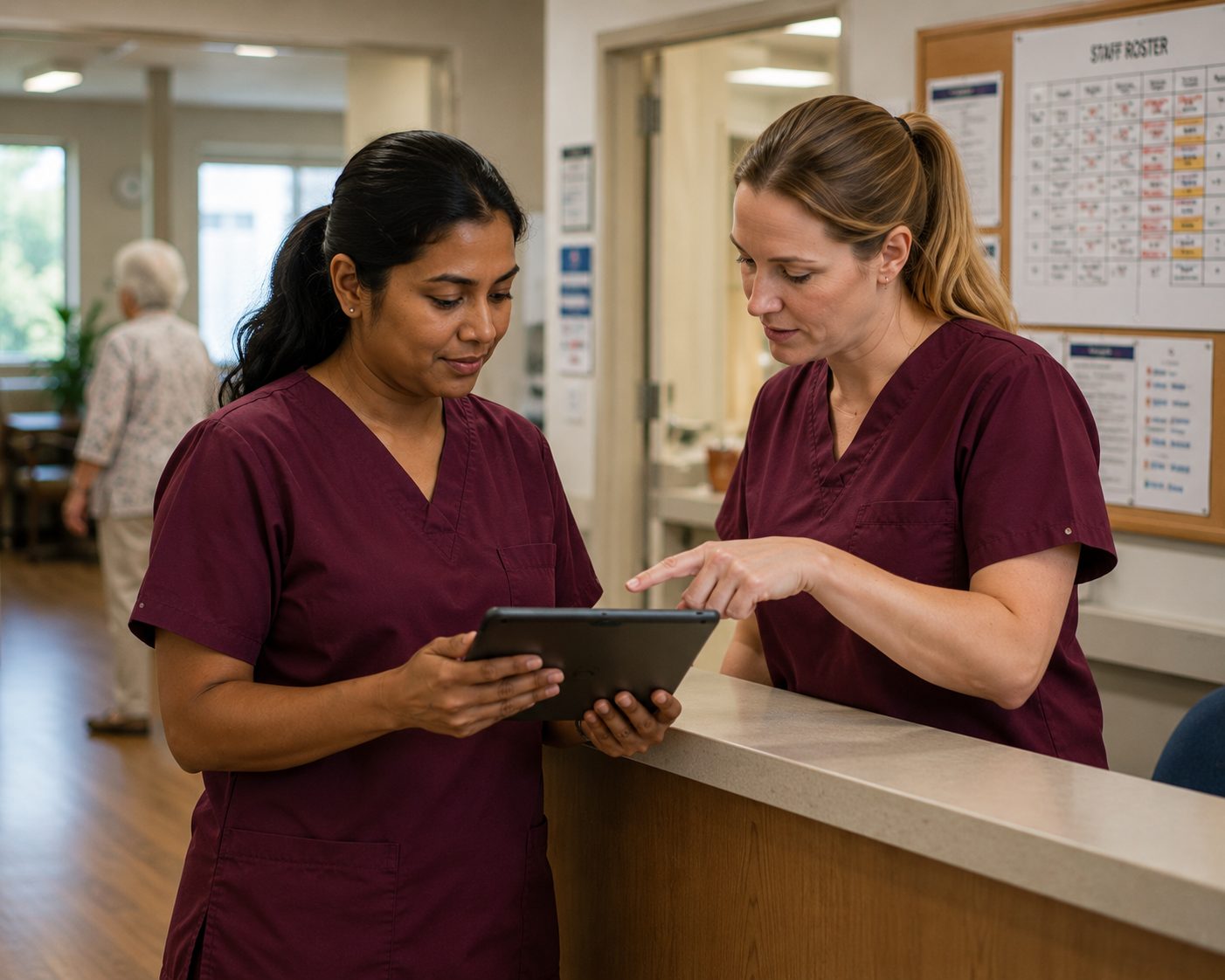 Two nurses at a nurses’ station, mid-shift handover, reviewing the roster